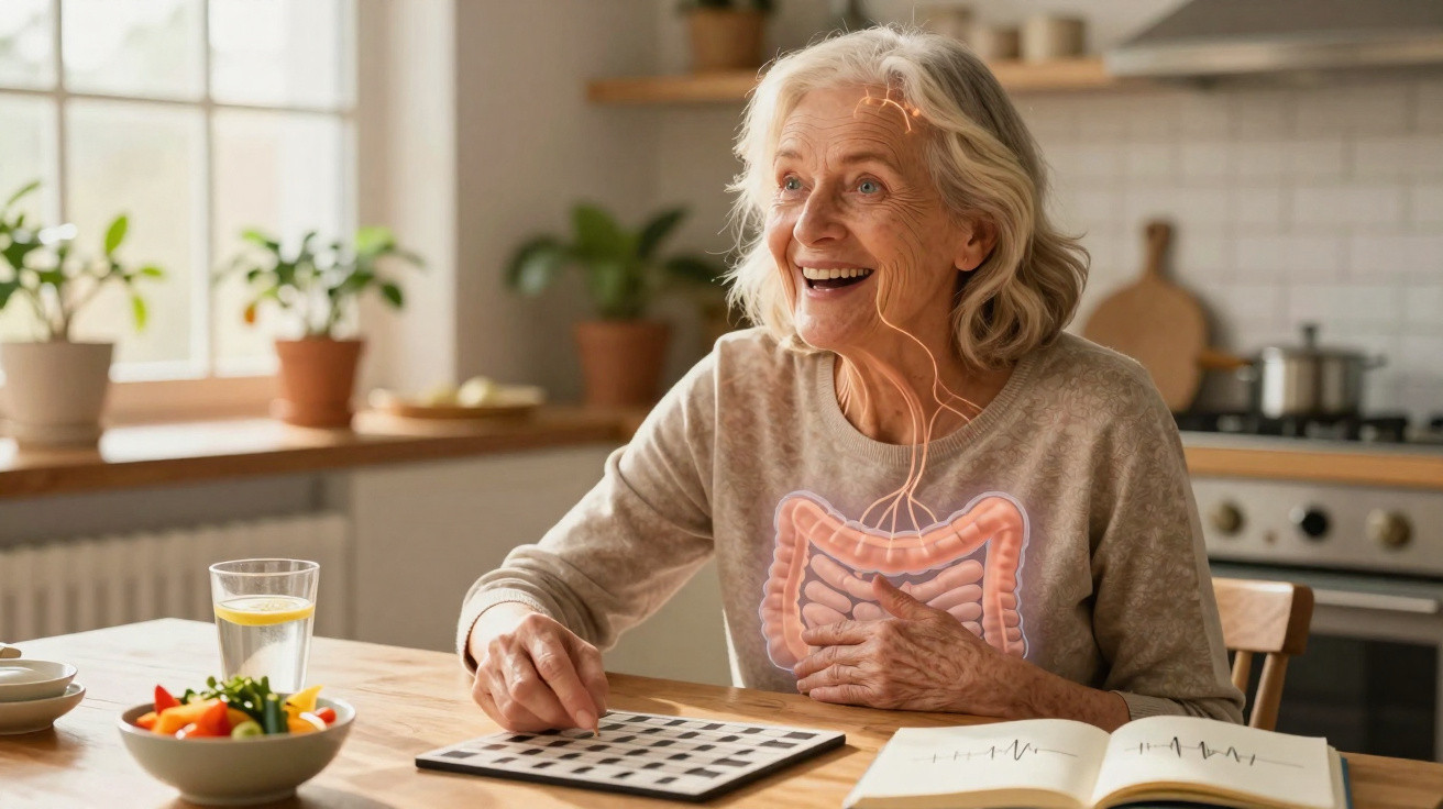 Mulher idosa sorridente sentada à mesa com ilustração do sistema digestivo sobreposta no peito.