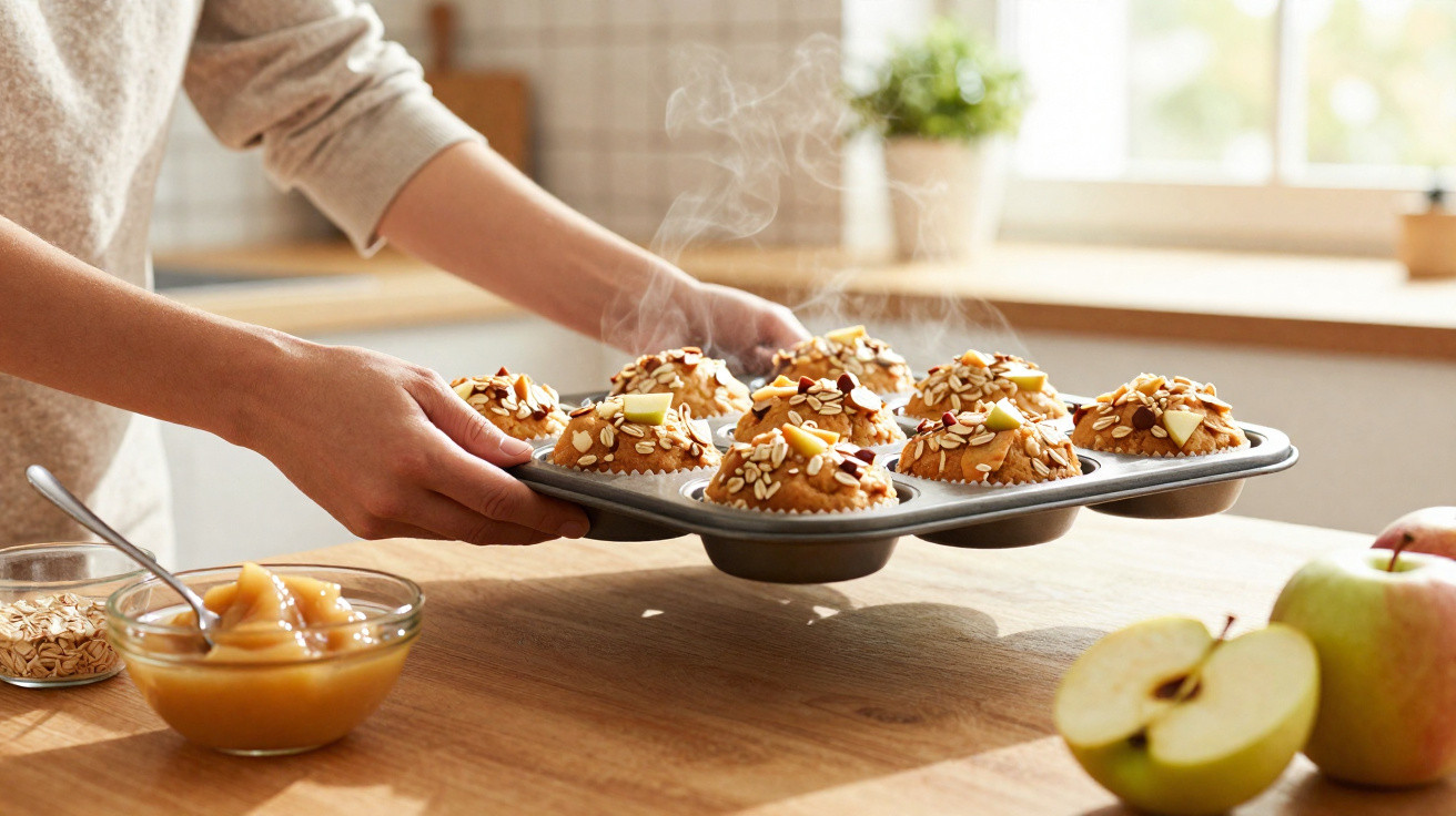 Pessoa a retirar do forno tabuleiro com muffins quentes decorados com pedaços de maçã e flocos de aveia.