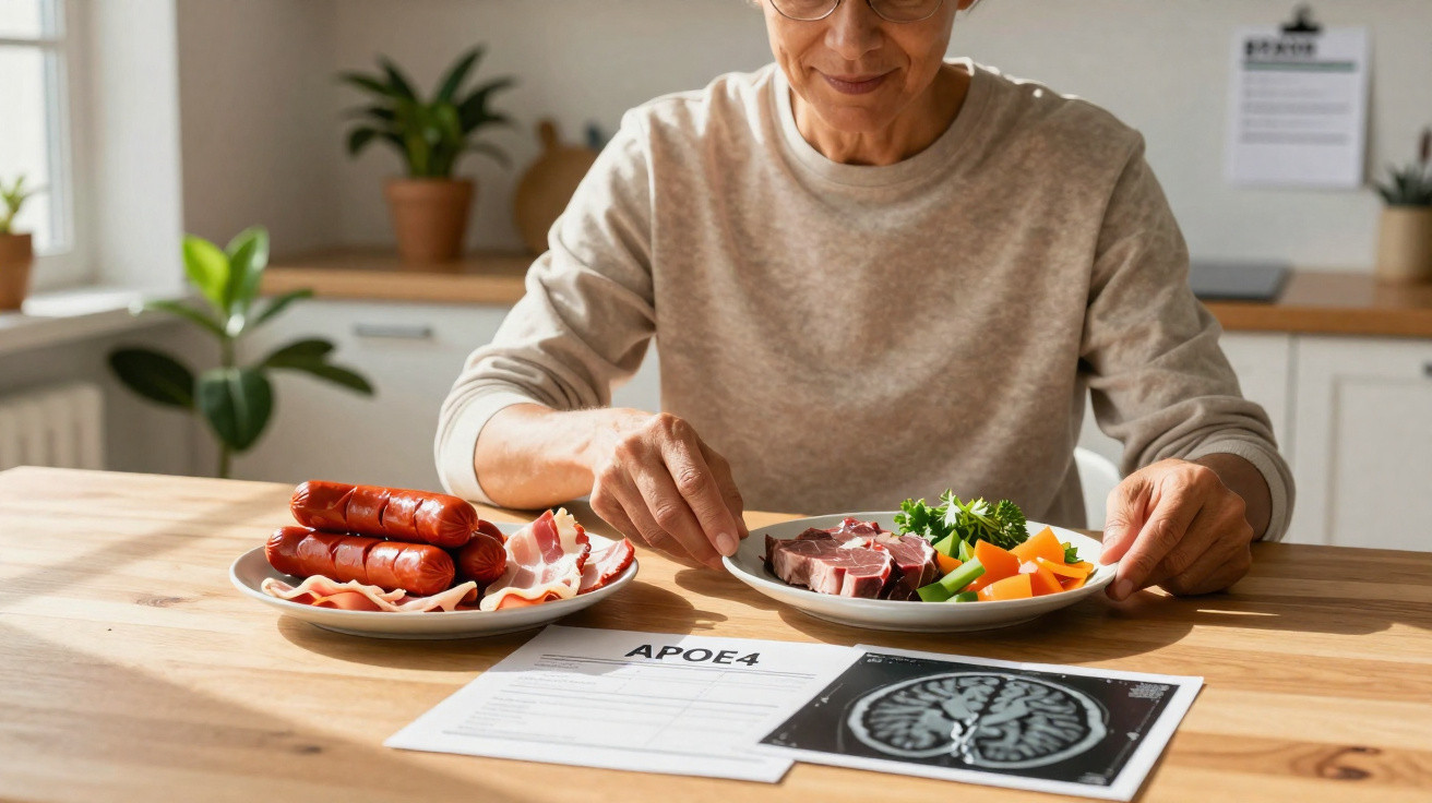 Pessoa idosa sentada à mesa com pratos de comida variada e papel com imagem e texto sobre APOE4 à sua frente.