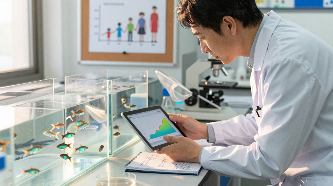 Cientista em laboratório observa peixes em aquário enquanto analisa dados num tablet.