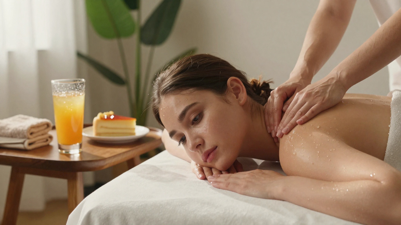 Mulher relaxa a receber massagem nas costas numa sala com luz natural e bebida com sobremesa ao lado.