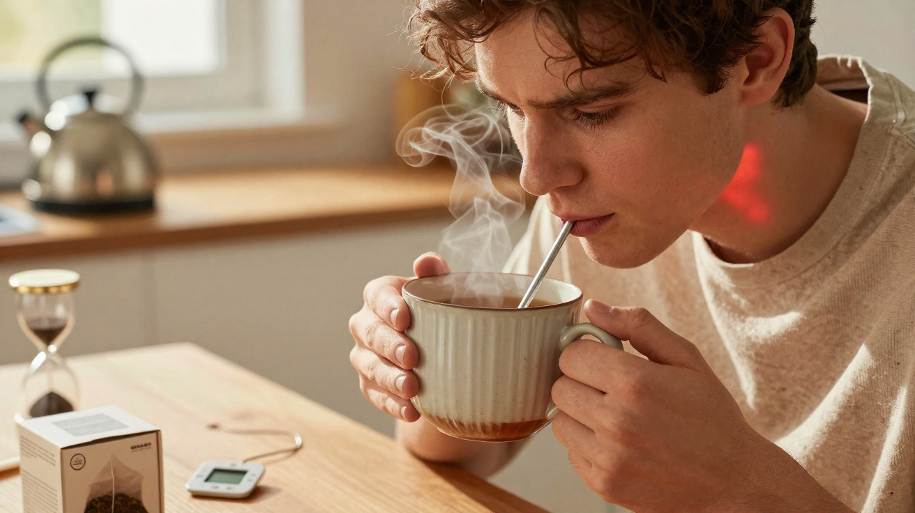 Jovem a beber chá quente numa caneca numa cozinha com chaleira e temporizador na mesa.