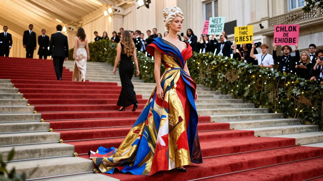 Mulher a descer escadaria com vestido colorido e cabelo estilo barroco, público segurando cartazes ao fundo.