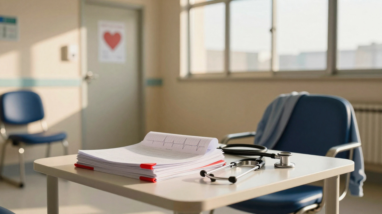 Consultório médico com estetoscópio, papéis com eletrocardiograma e cadeira azul junto à mesa.
