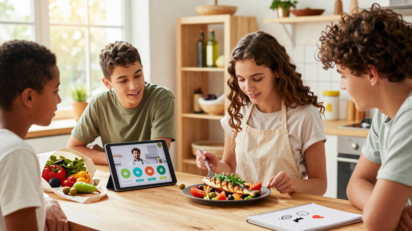 Grupo de jovens a preparar refeição saudável e a conversar via videochamada numa cozinha moderna.
