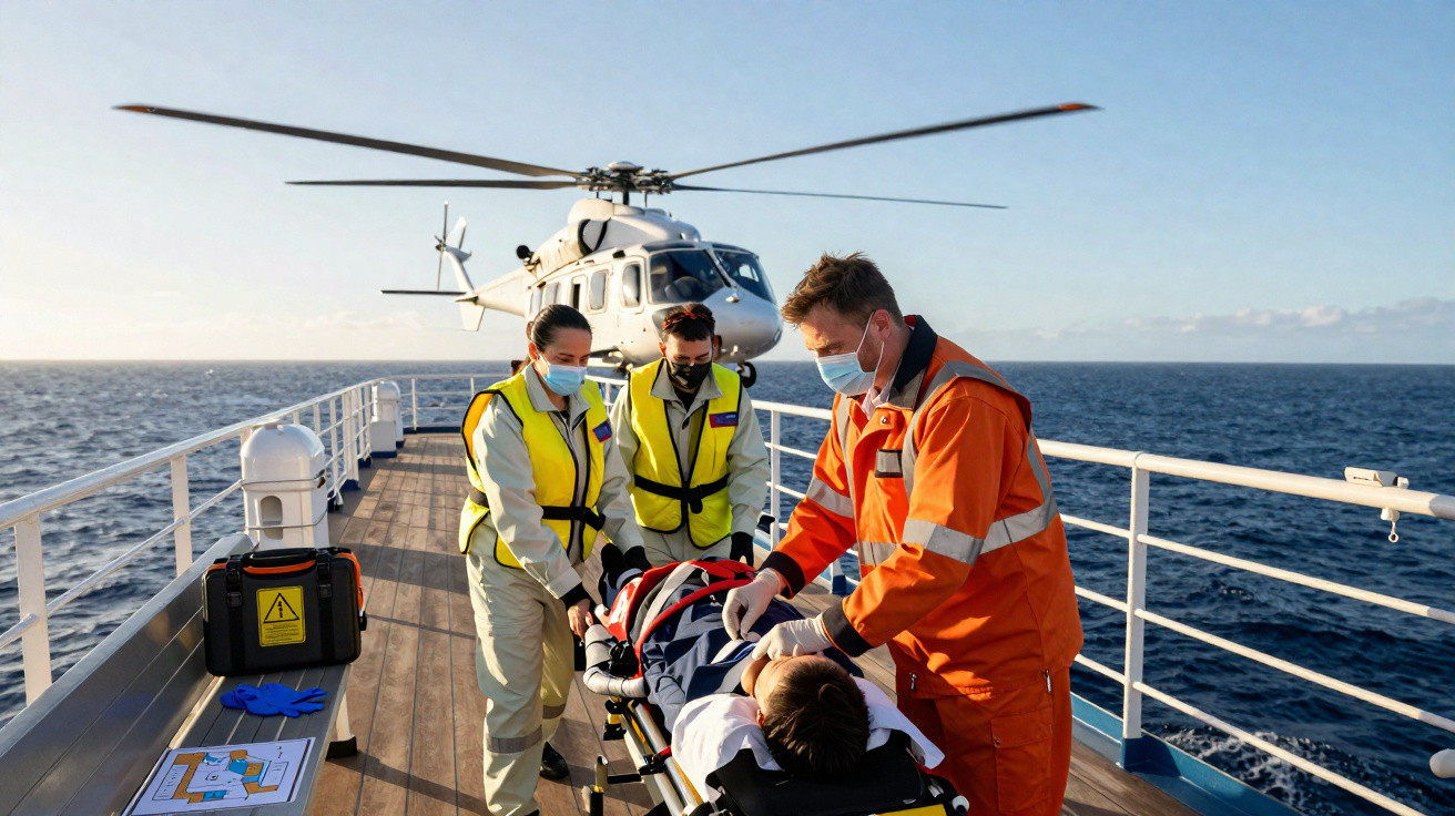 Equipa médica a prestar assistência a paciente numa maca no convés de um navio com helicóptero ao fundo.